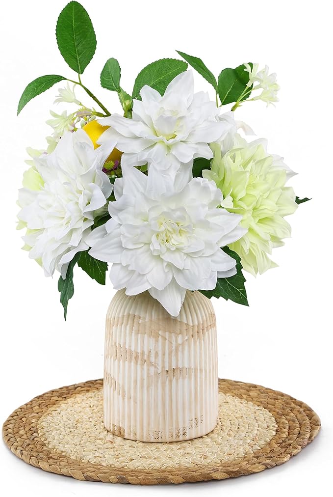 Fake Flower with Vase,White Silk Dahlia Artificial Flowers in Vintage Ceramics Vase for Home Bathroom Office Desk Party Centerpiece Coffee Table Decor
