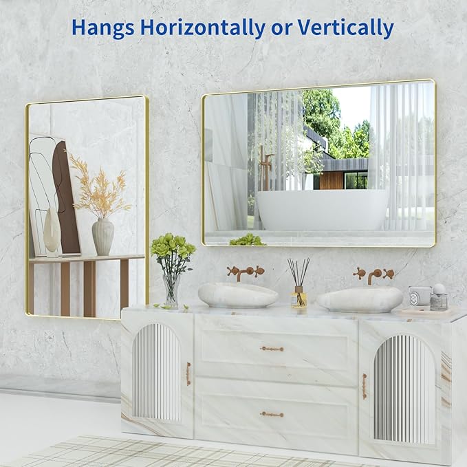 WEER Gold Bathroom Mirror, 55X36 Inch Brushed Gold Metal Frame Mirror, Rounded Rectangle Gold Bathroom Vanity Mirror for Wall, Tempered Glass, Anti-Rust, Hangs Horizontally or Vertically