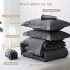 JOLLYVOGUE Full Comforter Set, Ultra-Soft Bed in a Bag Full Size 7 Pieces, Oeko-TEX Certified Bedding Set with Down Alternative Comforter, Sheets, Pillowcases & Shams, Dark Grey