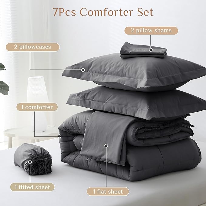 JOLLYVOGUE Full Comforter Set, Ultra-Soft Bed in a Bag Full Size 7 Pieces, Oeko-TEX Certified Bedding Set with Down Alternative Comforter, Sheets, Pillowcases & Shams, Dark Grey