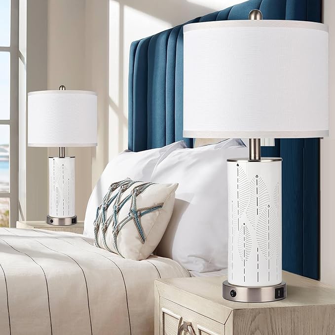 Ceramic Engraved Translucent Light Decorative 25" Table Lamps Set of 2 with Nightlight,E26 Socket&Rotary Switch,USB A+C Ports,Modern Bedside Lamps for Nightstand,Bedroom(Bulbs Included)