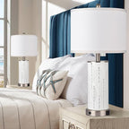 Ceramic Engraved Translucent Light Decorative 25" Table Lamps Set of 2 with Nightlight,E26 Socket&Rotary Switch,USB A+C Ports,Modern Bedside Lamps for Nightstand,Bedroom(Bulbs Included)