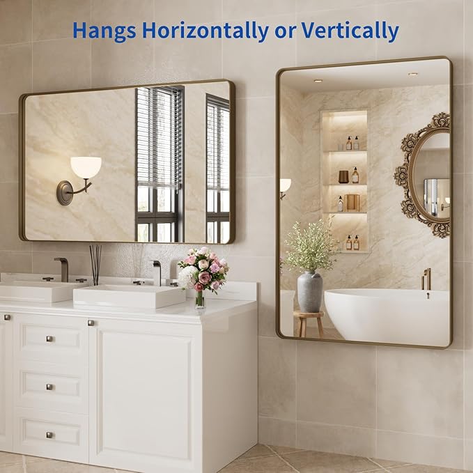 WEER 48x30 Inch Bronze Bathroom Mirror for Vanity, Brushed Bronze Metal Frame Mirror for Wall, Rounded Rectangle Bronze Frame Mirror with Tempered Glass, Anti-Rust (Horizontal/Vertical)