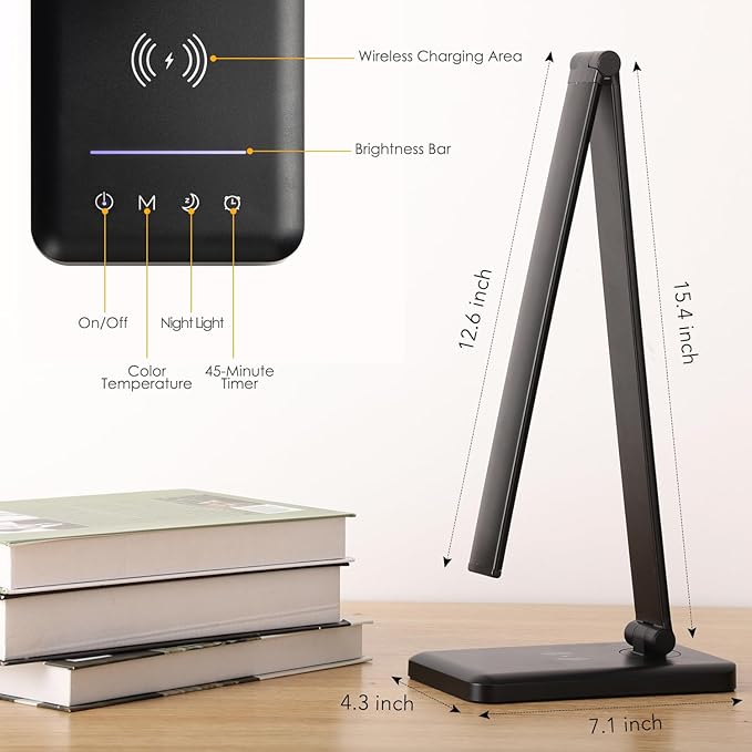 LED Desk Lamp with Wireless Charger, USB Charging Port, Night Light, 5 Color Modes, 10 Brightness, Eye Caring Reading Table Lamp for Home Office, Touch Control, Auto-Timer, Adapter Included