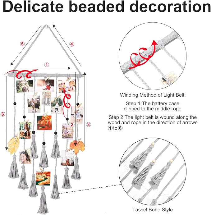 Homecor Hanging Photo Display Wall Decor, Gray Macrame Wall Hanging Boho Room Decor, Picture Frame Collage Board with Remote Light 30 Clips, Bedroom Home Decor, Christmas Mom Grandma Teen Girl Gifts