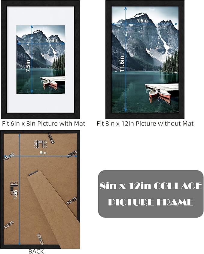 8x12 Black Picture Frames set of 3, Made of Wooden and Glass Photo frame - Displays 6x8 Picture with Mat or 8 x 12 Poster without Mat, Desktop & Wall Collage Frame set