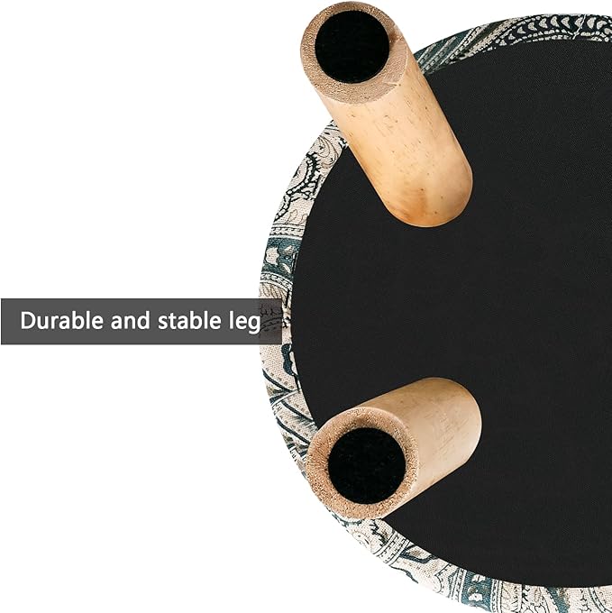 Asense Small Round Ottoman Foot Rest Stool Linen Padded Seat Footstool Ottoman with Anti-Slip Wooden Legs (Blue+Beige,Linen)