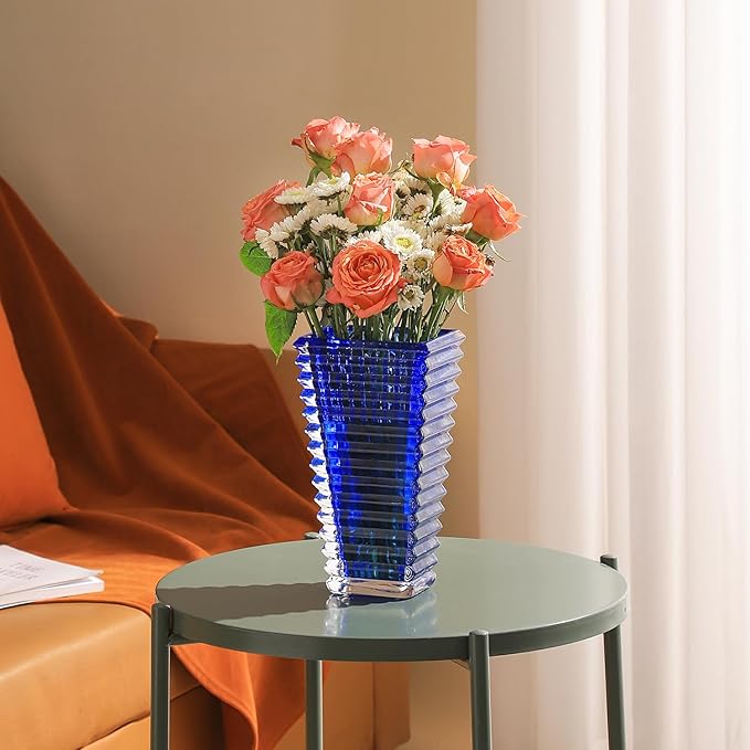 MCMCNCUIU Crystal Vase, Large Crystal Vases for Flowers, Blue Large Flower Vase, Modern Glass Vases for Living Room, Bedroom, Kitchen, Dining Table, Mantle, Wedding, 9 Inches