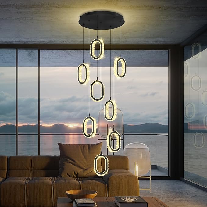 Black 8 Rings Crystal Chandelier for Foyer Stairwell High Ceiling Chandelier Dimmable Oval Crystal Ring Pendant Light
