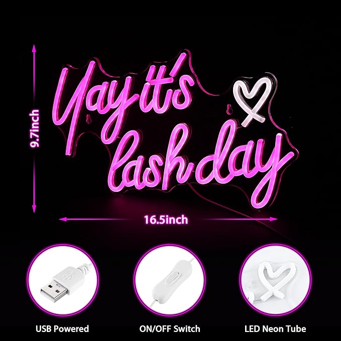 Kavaas Yay It's Lash Day Neon Sign - Lash Neon Sign for Lash Room Decor | Lash LED Light Sign for Lash Salon, Beauty Room, Nails Hair Bar - Great Gifts for Lash Techs Girls, Christmas, Birthday