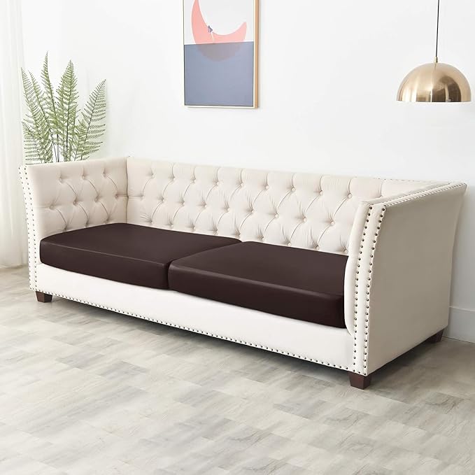 Yates Home PU Leather Couch Sofa Cushion Slipcover Water-Proof Elastic Chair Seat Covers Loveseat Slip Cover for Settee Seater Replacement in Living Room（2 Piece Large Sofa Cushion Covers, Chocolate