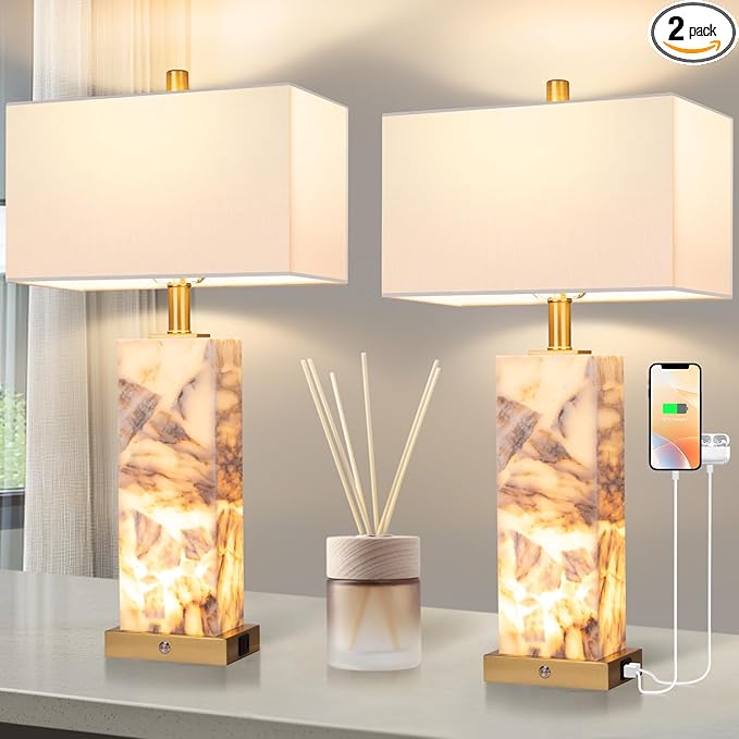 25.6" Alabaster Lamp, Marble Lamp Nightstand Lamps Set of 2, Table Lamps for Living Room Bedroom, 3-Color Temperatures Bedside Lamps with Nightlight, Modern Table Lamp with USB Ports, Bulbs Included