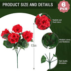 Hananona 6 Pcs Artificial Geranium Flowers for Outdoors Geranium Silk Red Flower Outdoor UV Resistant Garden Plants Faux Flowers for Christmas Home Kitchen Table Centerpieces Decor (6, Red)