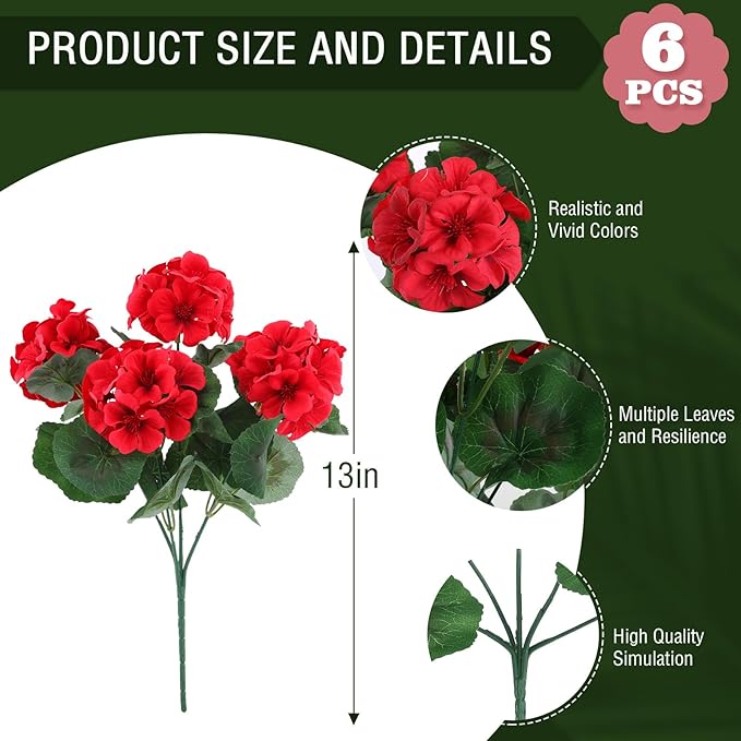 Hananona 6 Pcs Artificial Geranium Flowers for Outdoors Geranium Silk Red Flower Outdoor UV Resistant Garden Plants Faux Flowers for Christmas Home Kitchen Table Centerpieces Decor (6, Red)