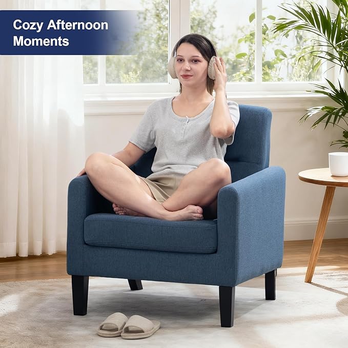 Accent Chair, Mid Century Modern Living Room Chairs Comfy Reading Chair with Upholstered Cushion Relax Armchair for Bedroom Apartment,Office,Blue
