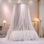 VETHIN Double Layer Princess Round Dome Canopy Bed Curtain for Girls Adults,Children Dreamy Mosquito Net,Cute Bedroom Decoration Castle Play Tent Reading Nook Canopies(Dome-Grey/White)
