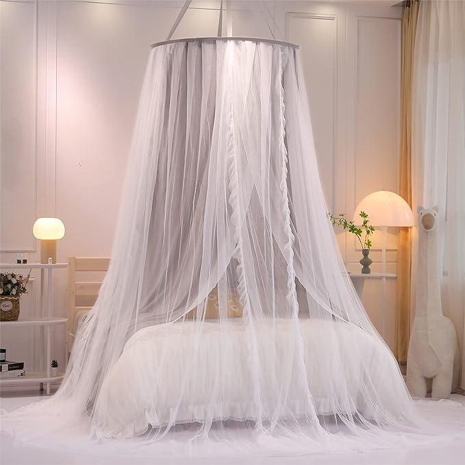 VETHIN Double Layer Princess Round Dome Canopy Bed Curtain for Girls Adults,Children Dreamy Mosquito Net,Cute Bedroom Decoration Castle Play Tent Reading Nook Canopies(Dome-Grey/White)