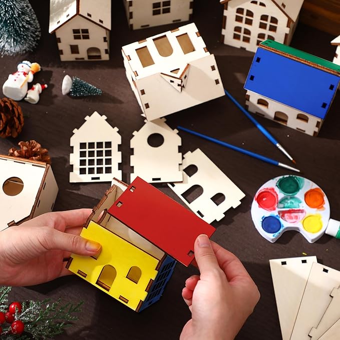Hiboom 24 Pcs DIY Christmas Village Sets Wood Village Houses Christmas Mini Wooden House Crafts Gift for Winter Xmas Party Decorations