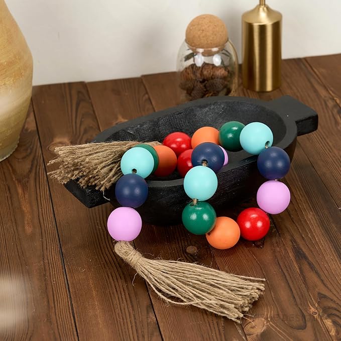 OMISHE Extra Large Wood Bead Garland Colorful with 1.6" Diameter Wooden Beads and Tassels, 41" Long Rustic Farmhouse Country Decorative Beads for Home Tiered Tray Decor, Colorful