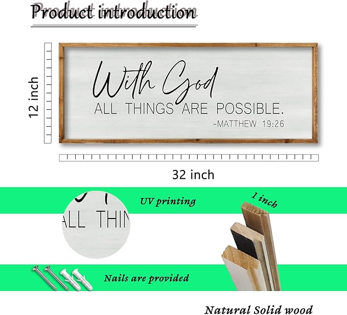ZZJJHYWGQ Bible Verse Wall Decor With God All Things Are Possible 32"×12" Christian Religious Home Inspirational Print Catholic Sign for Living Room Religious Faith Large Hanging Art (Wood)