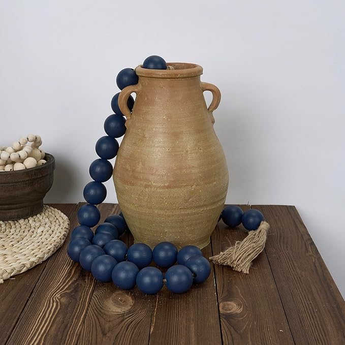 OMISHE 60" Long Extra Large Wood Bead Garland in Navy Blue with 1.6" Diameter Wooden Beads and Tassels, Rustic Farmhouse Country Decorative Beads for Home Decor, Navy Blue