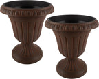 Pure Garden Outdoor Planter 2-Pack - 16x18-Inch Urn Planters - Plastic Plant Pots for Indoor, Outdoor, or Front Porch Decor - Flower Pots (Brown)