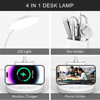 Desk Lamp for Home Office, LED Desk Lamp with Wireless Charger Pen Phone Holder, Dimmable Desk Light 3 Color Modes, College Dorm Study Lamp for College Dorm, CRI 90 800 Lumen