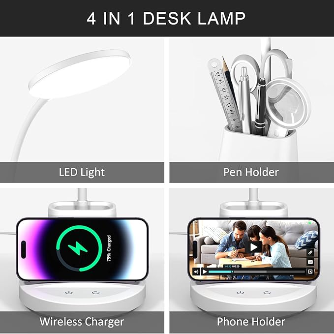 Desk Lamp for Home Office, LED Desk Lamp with Wireless Charger Pen Phone Holder, Dimmable Desk Light 3 Color Modes, College Dorm Study Lamp for College Dorm, CRI 90 800 Lumen