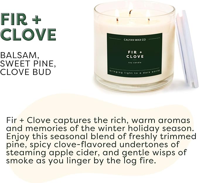 Calyan Wax Co. 3 Wick Candle, Fir + Clove Scented Candle, 43 Hour Burn Time, 3 Wick Soy Candles, Non Toxic & Vegan Soy Wax, Glass Jar Holiday Scented Candles, 14.9oz