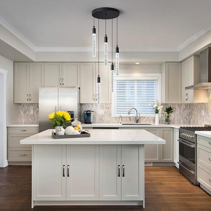 Modern Light Fixture Kitchen Island Pendant Light Dimmable LED Black Pendant Lights Mini Crystal Pendant Lighting for Bedroom Dining Room Living Room（5-Light ）