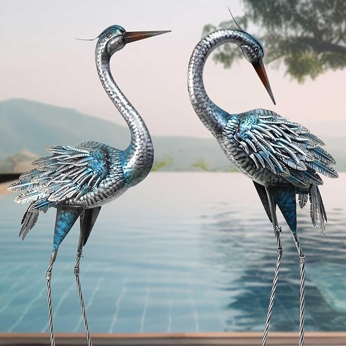 Crane Decor Statues, Blue Heron Garden Statues Metal Yard Art Outdoor Decoy, Garden Sculptures for Yard/Lawn/Pond/Outdoor Decoration, Set of 2