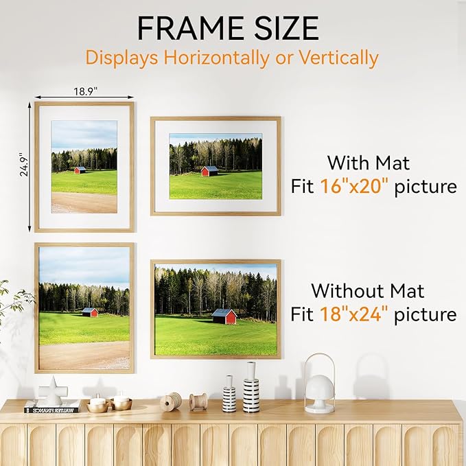 IBUYKE 18x24 Picture Frame,Solid Oak Wood 18x24 Photo Frame with Mat to 16x20,18x24 Picture Frames With Tempered Glass,Wall Mount Display,Home Decor,Natural Oak 24 x 18 Frame,UWPF1824N