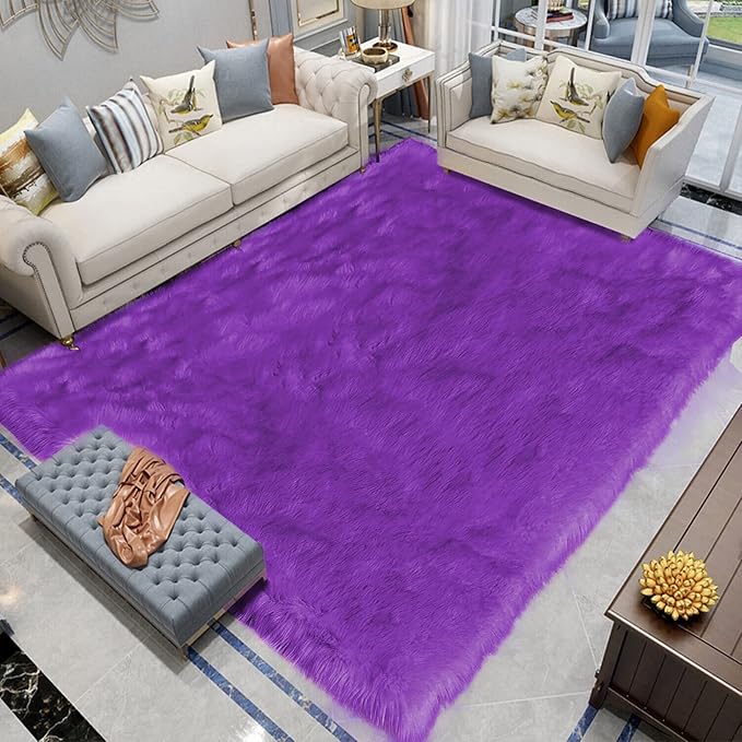 Latepis Fluffy Shaggy Fuzzy Fur Rugs Purple 6.7x10 Large Living Room Rug Washable Faux Sheepskin Rug for Bedroom Plush Shag Rugs Home Decor Rectangle