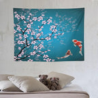 Japanese Koi Fish Tapestry, Cherry Blossoms Asian Oriental Green Teal Flower Branch Koi Fish Carp Tapestries Wall Hanging for Bedroom Living Room Office Decor 40"x30"