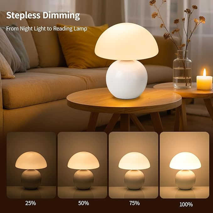 Mushroom Table Lamp, Ceramic Base with Milky White Glass Shade, Vintage Dimmable Bedside Nightstand Lamp for Bedroom, Reading, Home Décor, Gift for Friends White
