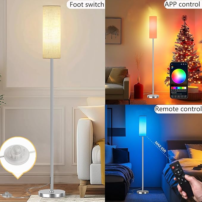 Smart LED Floor Lamp with APP Control & RGB Colors - Dimmable Standing Lamp for Living Room, Bedroom, Gaming - Remote, Timer, 9W Bulb Included, 67" Modern Tall Lamp (Silver Beige)