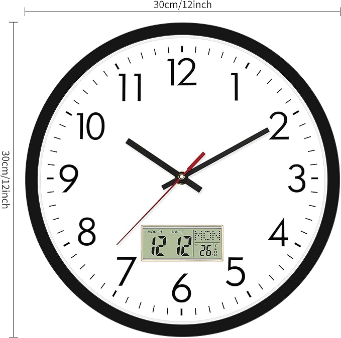 Lumuasky Wall Clock Digital 12" Non-Ticking Silent Battery Operated Analog with LCD Display for Perpetual Calendar and C° Temperature, Ideal Modern Home, Bedroom, Kitchen, Office Decor