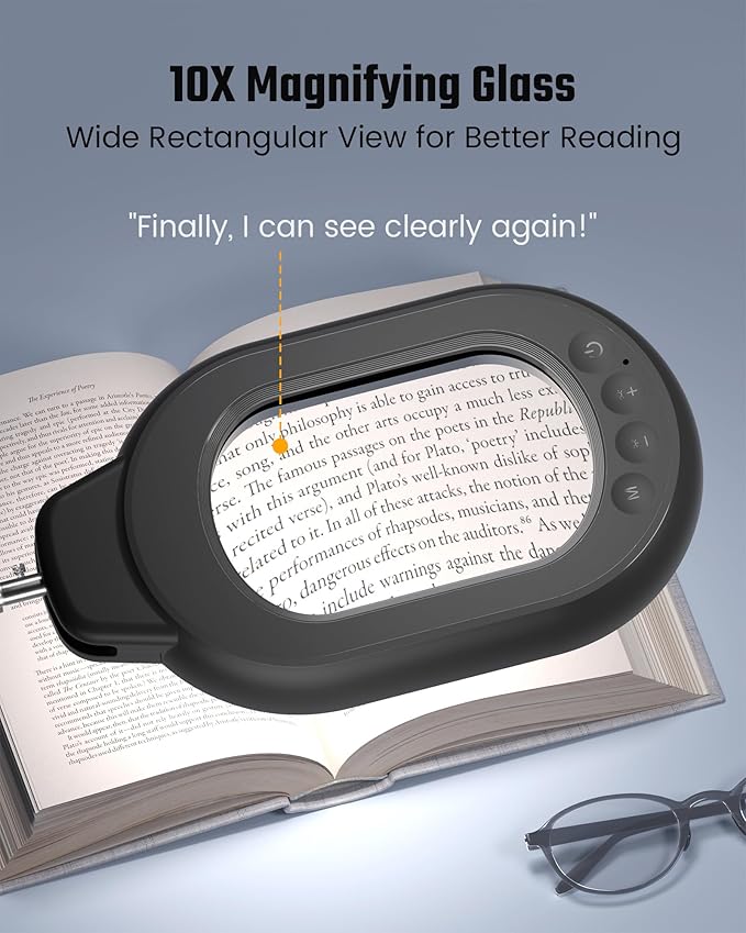 Magnifying Desk Lamp, 10X Square Magnifying Glass with Light and Stand, Dimmable LED Magnifier Lamp with Clamp and Base, Adjustable Swing Arm Light for Close Work, Reading, Crafting, Black