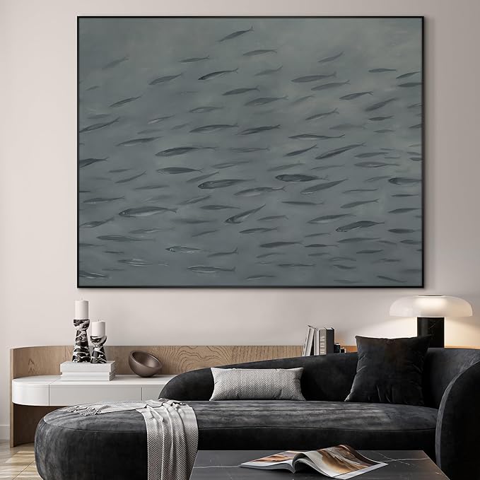 SIGNWIN 60"x72" Extra Large Framed Wall Art Gray School of Fish Minimalist Ocean-Inspired Marine Life Illustration for Home Living Room Bedroom Decor (Frame Assembly Required)