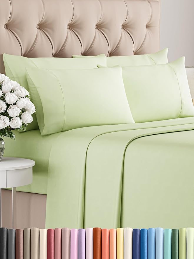 Queen Sheets Set 6 Piece - Bed Sheets Queen Size - Soft Hotel Luxury Bedding - Cooling, Comfy & Breathable - 1 Flat & 1 Fitted and 4 Pillowcases with Deep Pockets - Wrinkle and Fade Free - Light Sage