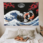 Houselerax Japanese Koi Fish Tapestry, Yin Yang Big Wave Red Cherry Blossom Tapestries Wall Hanging for Bedroom Living Room Office Decor 90"x60"