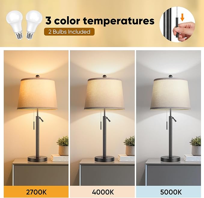 PARTPHONER Bedside Lamps Set of 2, Tall Table Lamps for Living Room, Height Adjustable Nightstand Lamps for Bedroom Office, Modern End Table Lamps with Pull Chain(LED Bulbs Included), Black