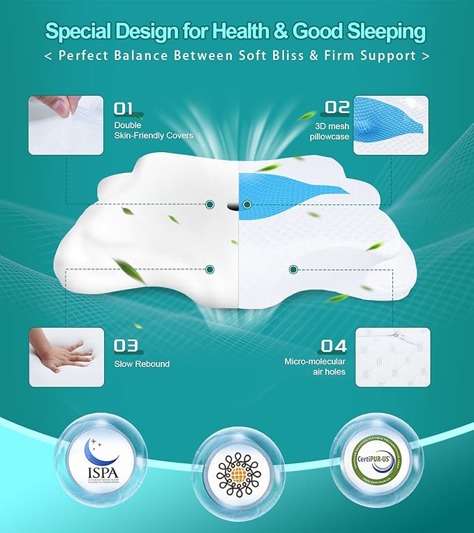 Memory Foam Pillows, Cervical Pillow for Neck and Shoulder Pain Relief, Ergonomic Contour Bed Pillow, Soft for Side Sleep Stomach Sleeping and Back Sleeper…