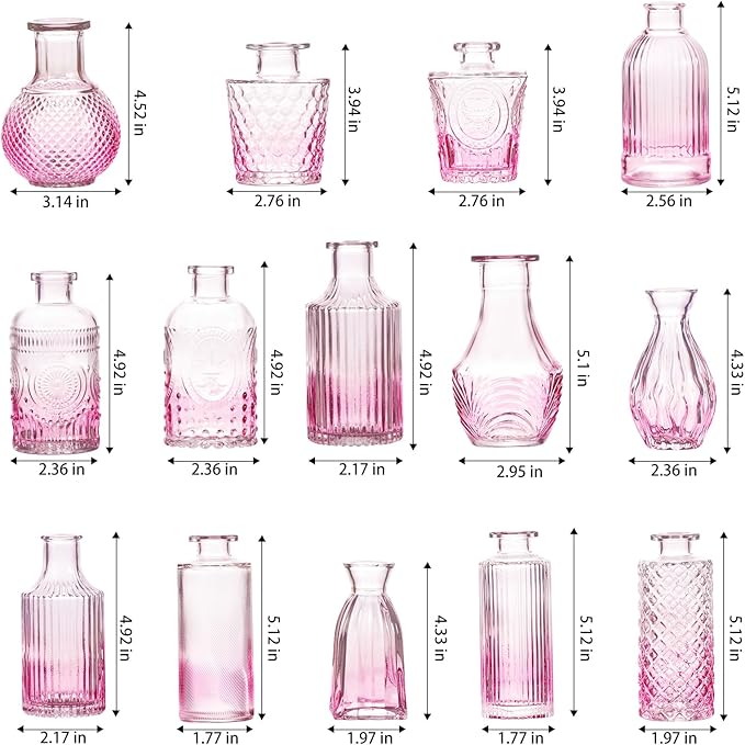 Ollieroo 24Pcs Glass Bud Vases Set, Small Pink Vases in Bulk for Flowers Arrangements, Floral Vintage Rustic Vase for Wedding Party Centerpiece Table Decorations, Entryways, Home