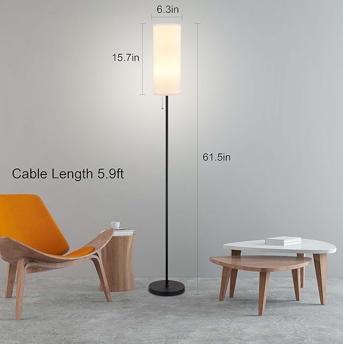 Floor Lamp for Living Room, Modern Standing Lamps with Lampshade, Minimalist Tall Lamp with Chain Switch for Living Room, Bedroom, Kids Room, Office,Standing Lamp LED Bulb Included (White Shade)