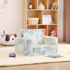 Toddler Chair Kids Couch, 2-in-1 Toddler Soft Sherpa Couch Fold Out Armchair Glow in The Dark with Removable Cover, Convertible Reading Chair Sofa for Kids, Plush Green Dinosaur