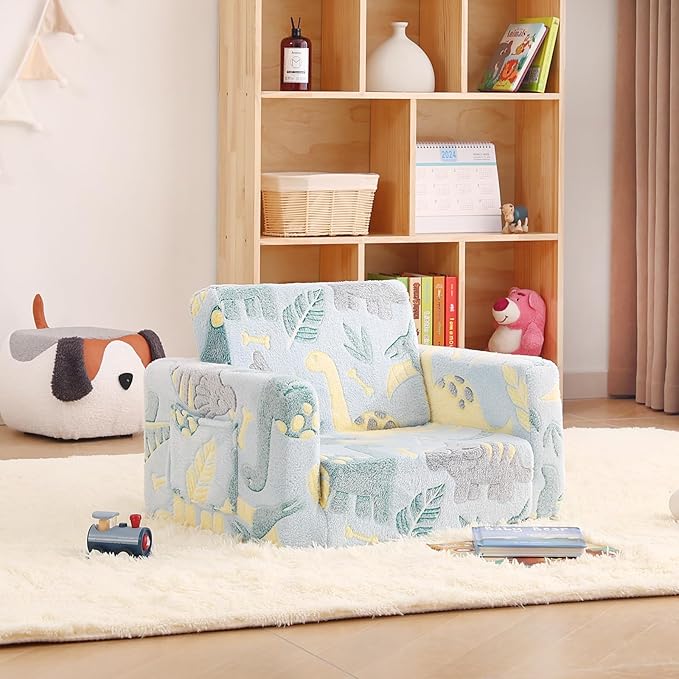 Toddler Chair Kids Couch, 2-in-1 Toddler Soft Sherpa Couch Fold Out Armchair Glow in The Dark with Removable Cover, Convertible Reading Chair Sofa for Kids, Plush Green Dinosaur