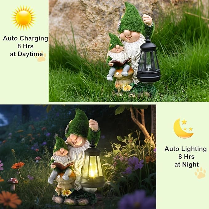 Solar Garden Gnome Statue Flocked Reading Parent & Child Gnomes with LED Light, Outdoor Waterproof Lawn Ornament Decor for Patio Lawn Yard Pathway Gift Idea for Women Mom Mothers Day