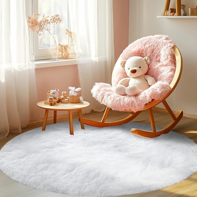 Round Fluffy White Rug 4x4ft: Ultra Soft Furry Girls Bedroom Carpet- Oval Plush Rug for Girls Room & Kids Room, Nursery (4ft, White)