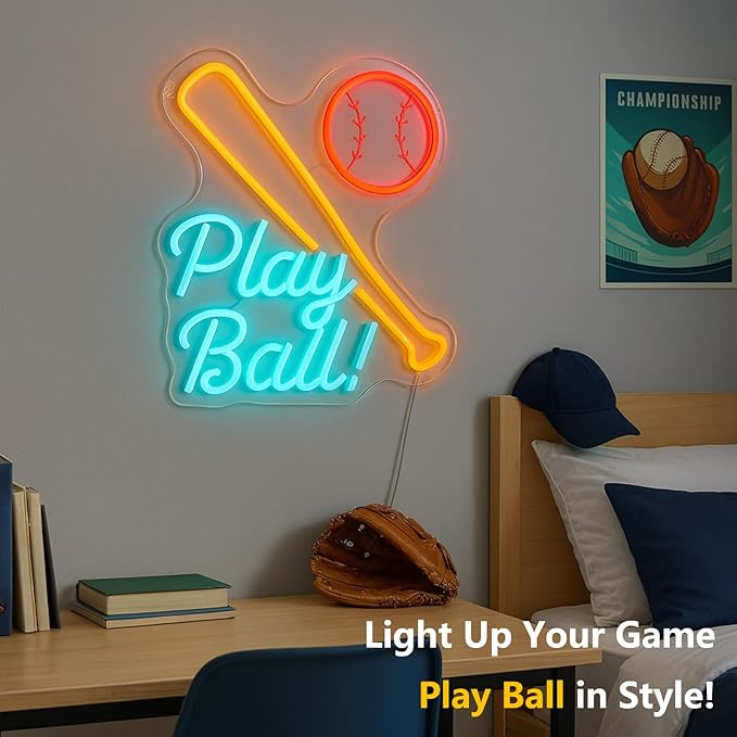 Baseball Neon Sign for Wall Decor, LED Neon Lights for Bedroom, Game Room, Man Cave, Bar, Teen Room, Boys Room, Girls Room, Baseball Bat and Ball Neon Wall Sign, Cool Baseball Room Decor, USB Powered LED Wall Light, 13.4" x 11.8" (Red+Yellow+Blue)